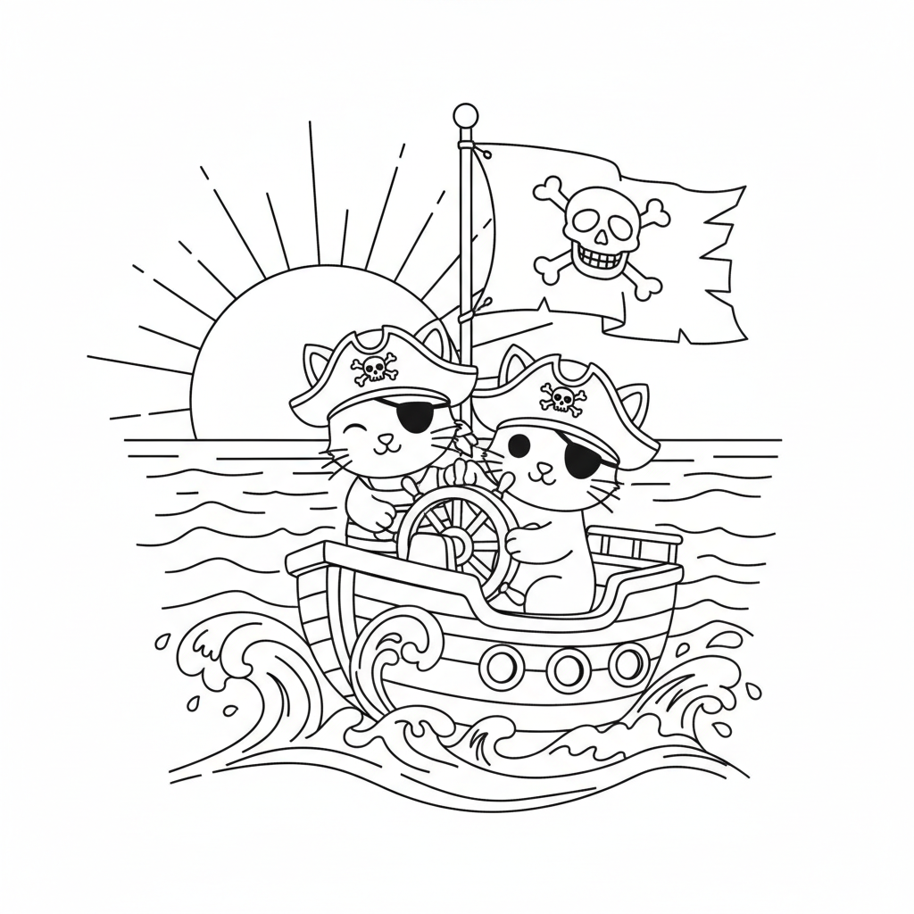 Pirate Kittens Adventure — Free Coloring Page for Kids coloring page