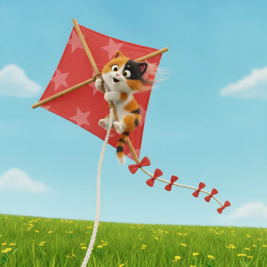 This coloring page features a cheerful calico cat enjoying a kite ride. Easy areas include the sky and flowers, while the cat's fur patterns offer a fun challenge.