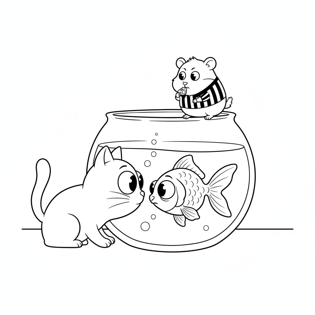 Gato Curioso Mirando el Acuario — Dibujos de Gatos para Colorear — Gratis para Imprimir