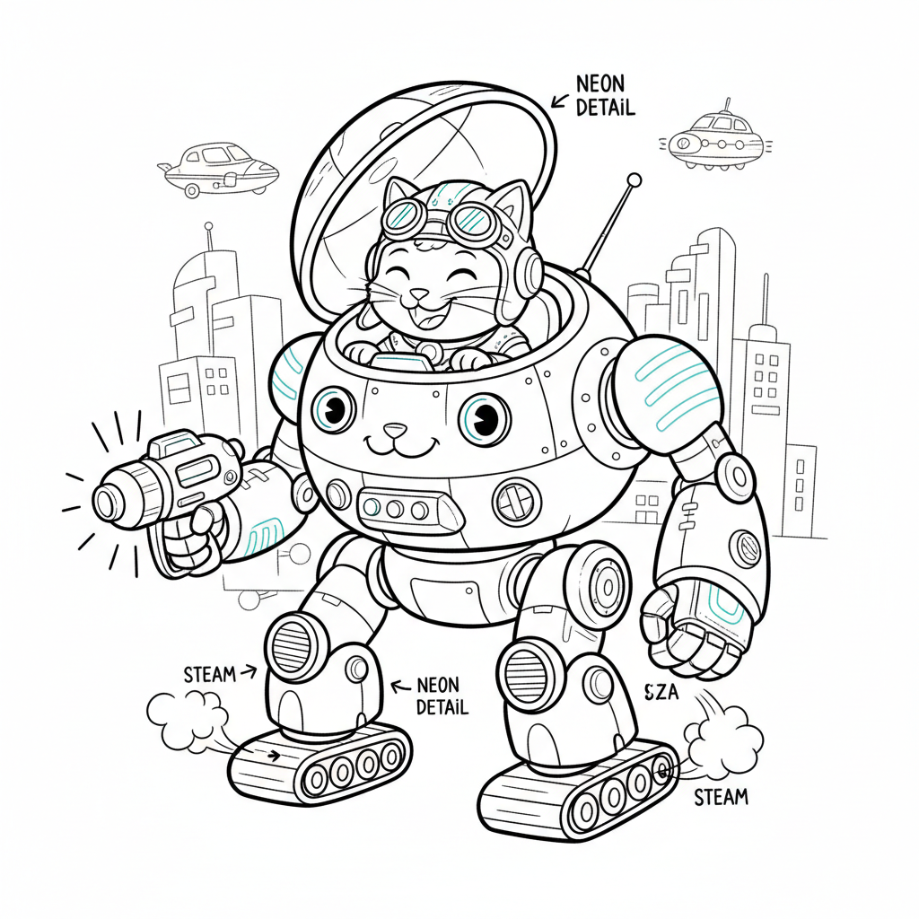 Cat Mech Adventure — Free Coloring Page for Kids coloring page