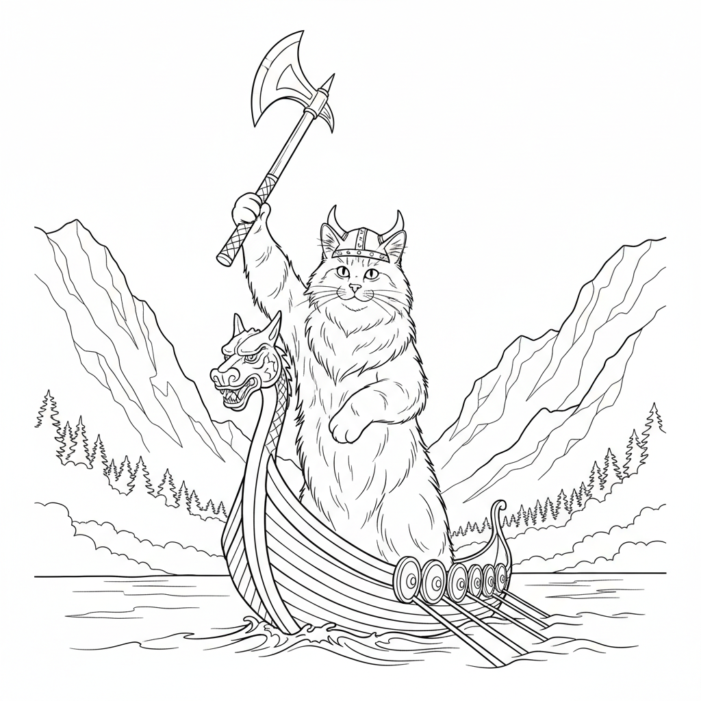 Fluffy Viking Cat Adventure — Free Coloring Page for Kids coloring page
