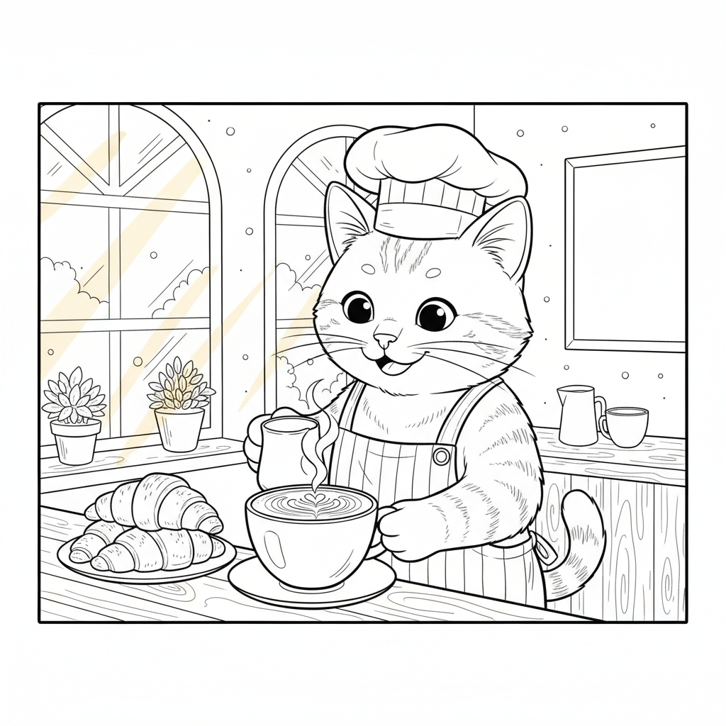 Cat Cafe Barista — Free Coloring Page for Kids coloring page