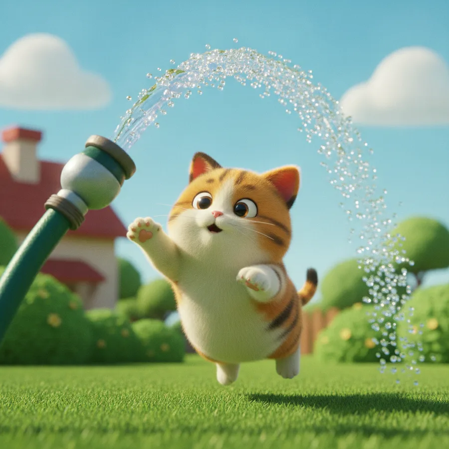 This lively coloring page features a playful orange and white kitten leaping through water. The easy areas include the grass and fluffy clouds, while the kitten's fur and the details of the house present a fun challenge.