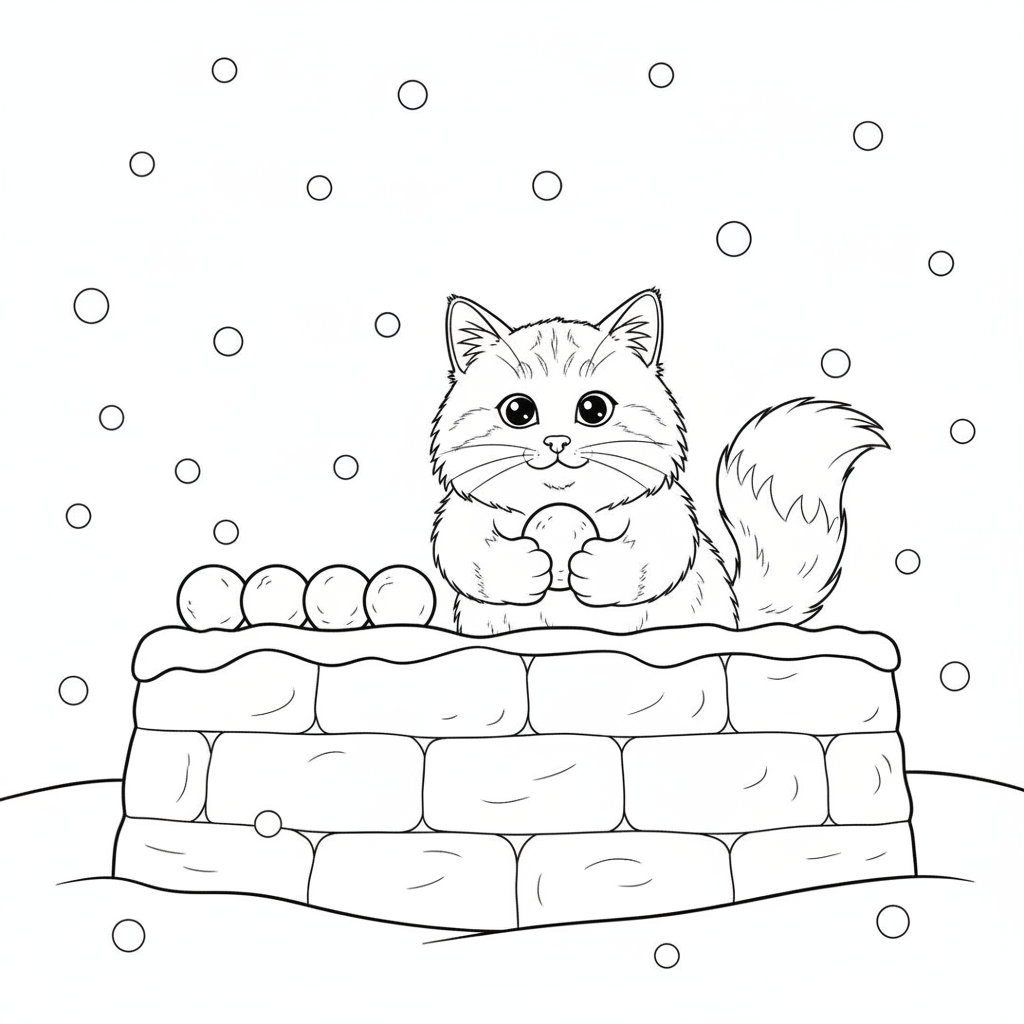 Joyful Gray Cat in a Snow Fort — Free Coloring Page for Kids