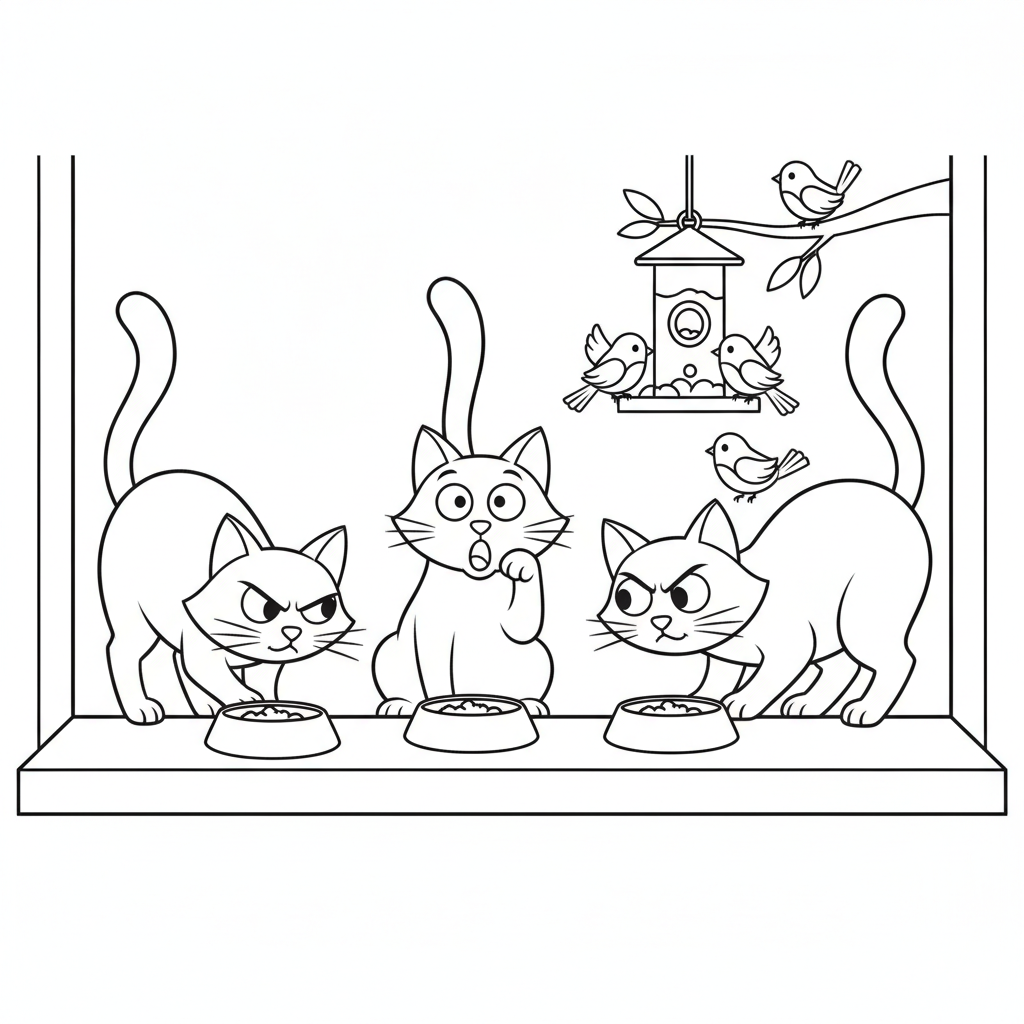 Three Cartoon Cats Watching Birds — Free Coloring Page for Kids
