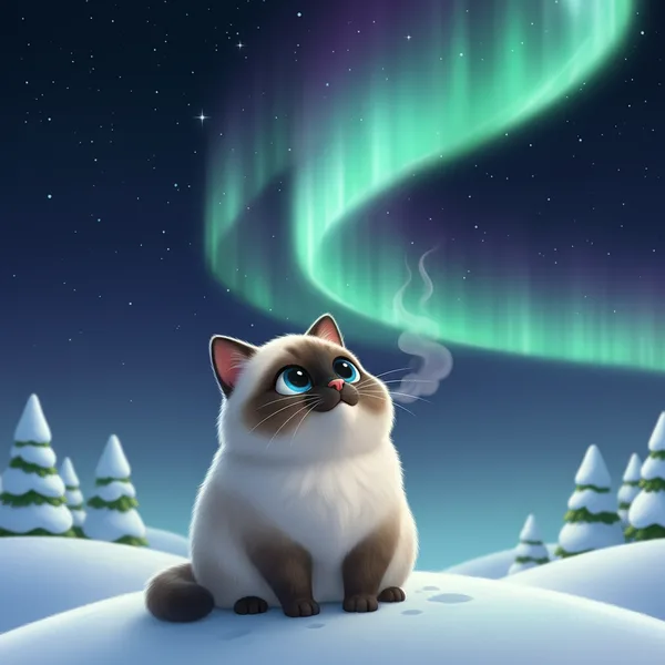 Snowshoe Cat Watching Northern Lights — Free Coloring Page for Kids