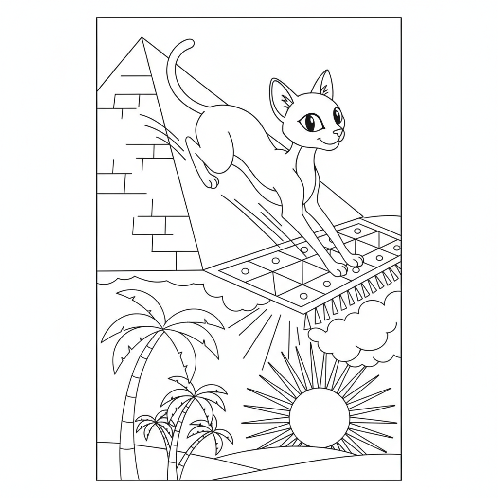 Playful Cat Sliding Down a Pyramid — Free Coloring Page for Kids