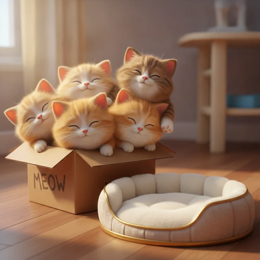 The scene showcases six adorable kittens nestled in a box, with easy areas like the box and floor, while intricate fur patterns provide a fun challenge.