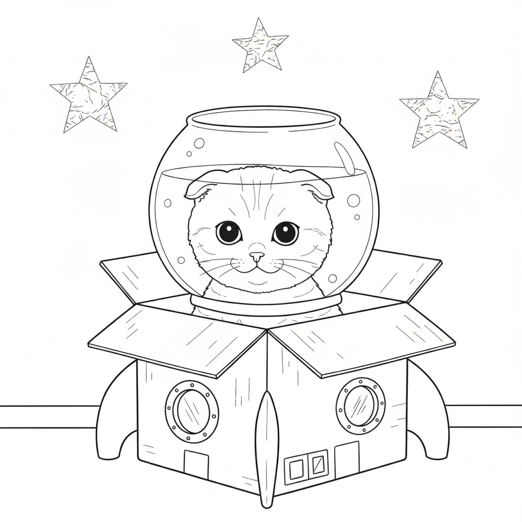 Fluffy Kitten in a Box with a Fishbowl — Free Coloring Page for Kids