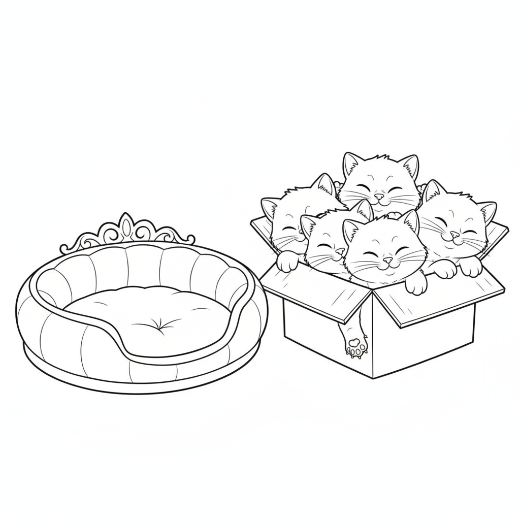 Adorable Kittens in a Box — Free Coloring Page for Kids