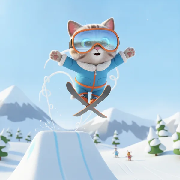 Cheerful Cartoon Cat Skiing in Winter Wonderland — Free Coloring Page for Kids
