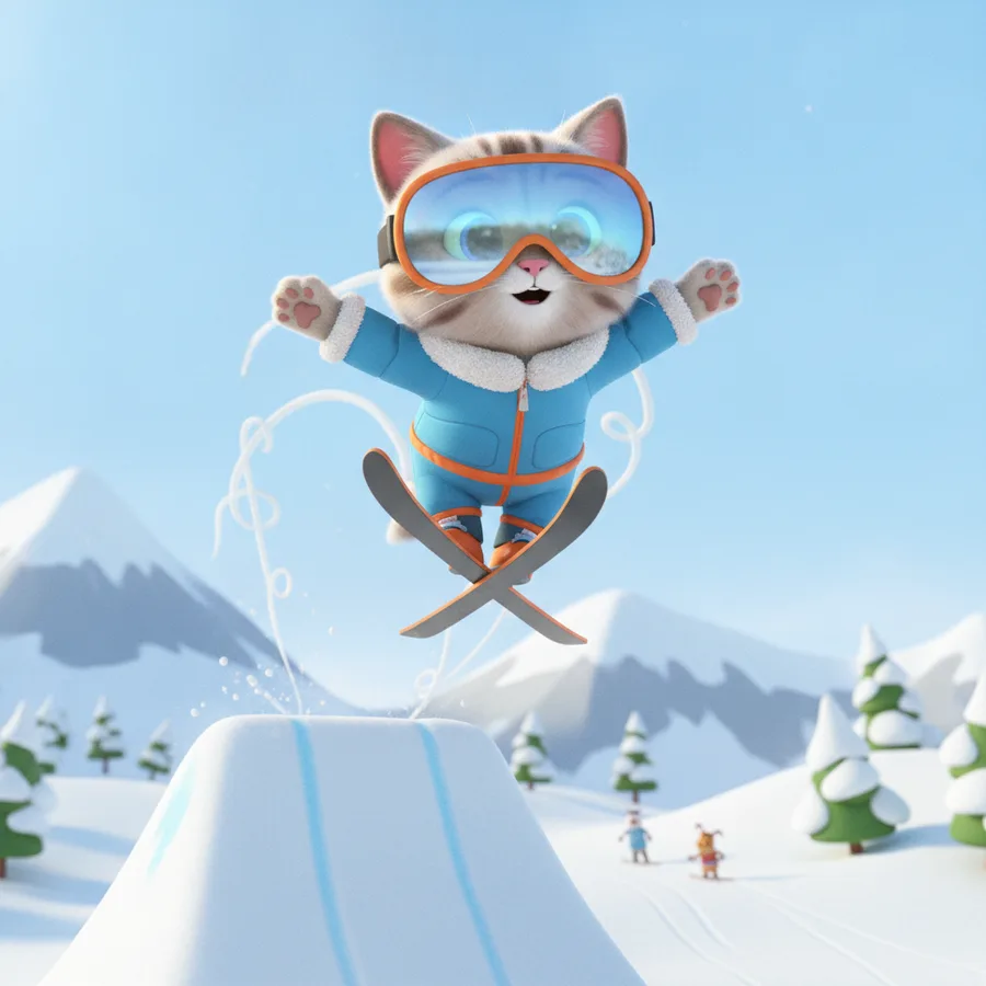 Cheerful Cartoon Cat Skiing in Winter Wonderland — Free Coloring Page for Kids