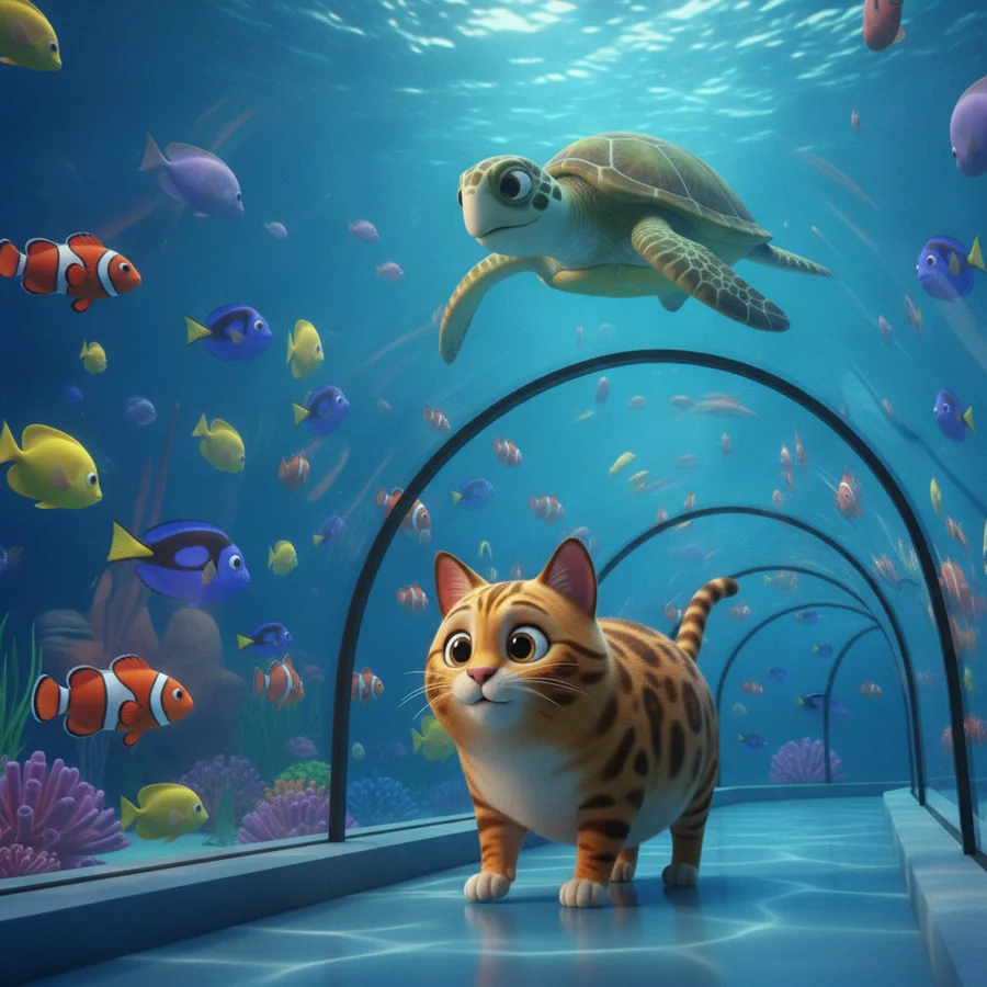 Cette image à colorier présente un chat curieux dans un tunnel d'aquarium dynamique. Les zones faciles incluent les poissons et les bulles, tandis que les taches du chat offrent un défi intéressant.