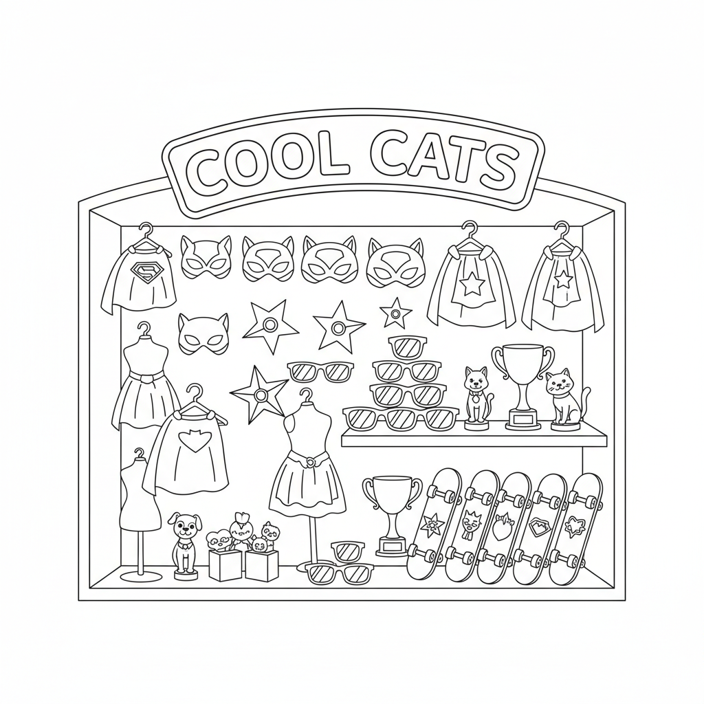 Cool Cats Shop Window — Free Printable Coloring Page for Kids coloring page