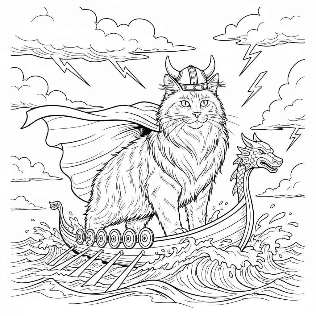 Viking Cat Adventure — Free Coloring Page for Kids coloring page