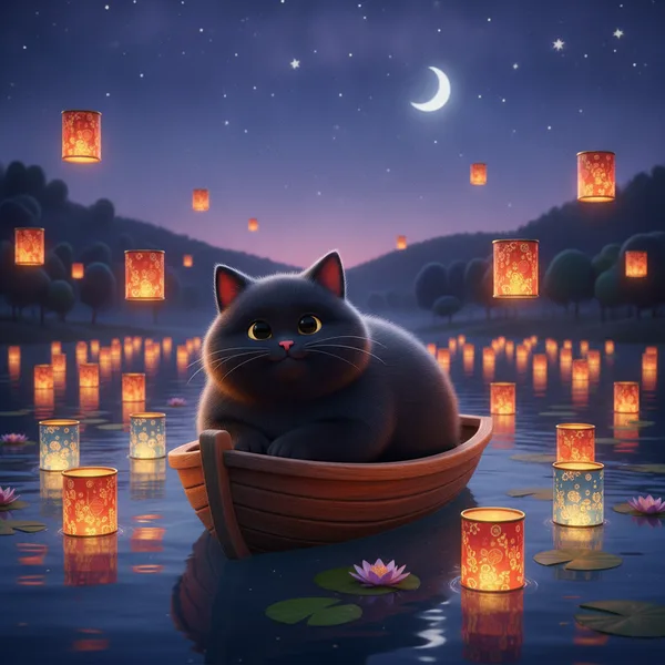 Fluffy Black Cat in a Boat on a Serene Lake — Free Coloring Page for Kids