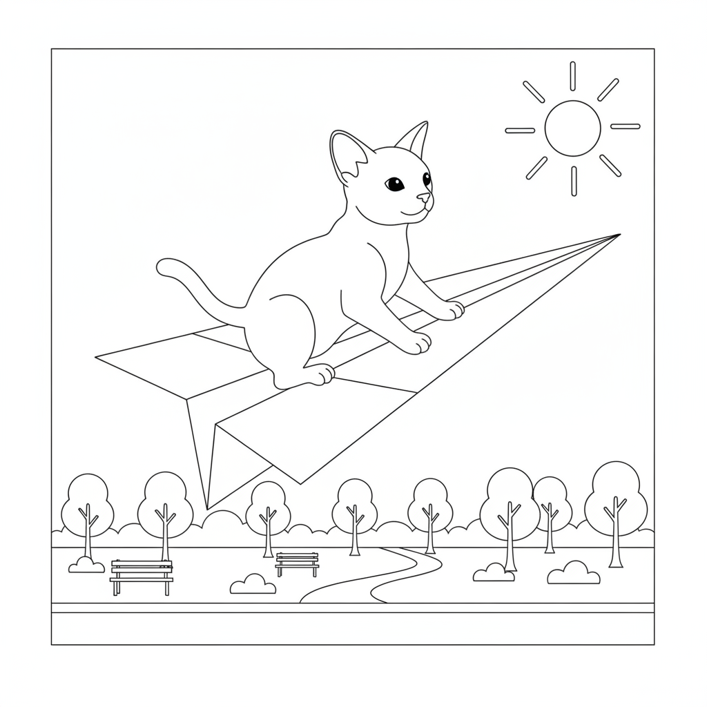 Joyful Kitten on a Paper Airplane — Free Coloring Page for Kids