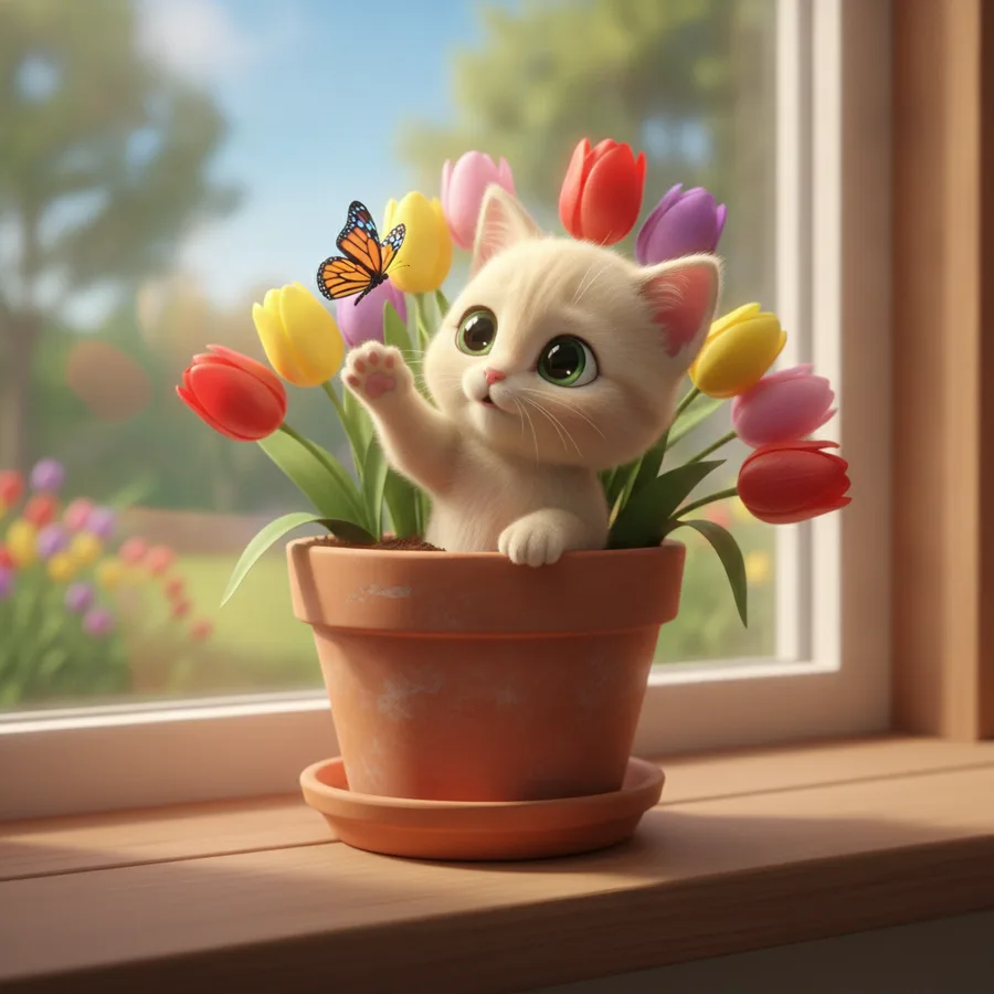 This coloring page features a fluffy white kitten playfully reaching out to a butterfly. The vibrant tulips and cheerful background offer both easy and detailed areas to color.