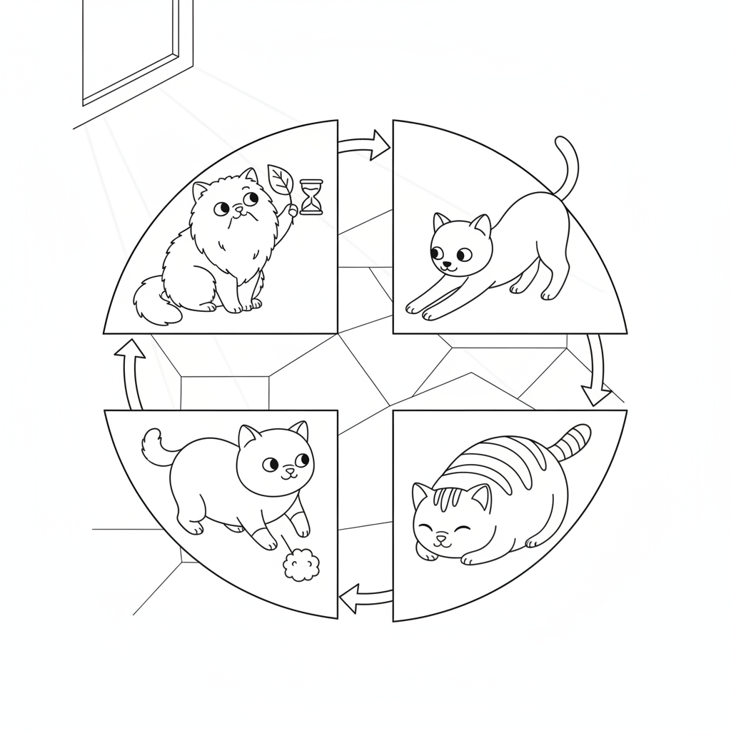 Verspielte Katzen in einem Gemütlichen Raum — Katzen Ausmalbild — Kostenlos Ausdrucken
