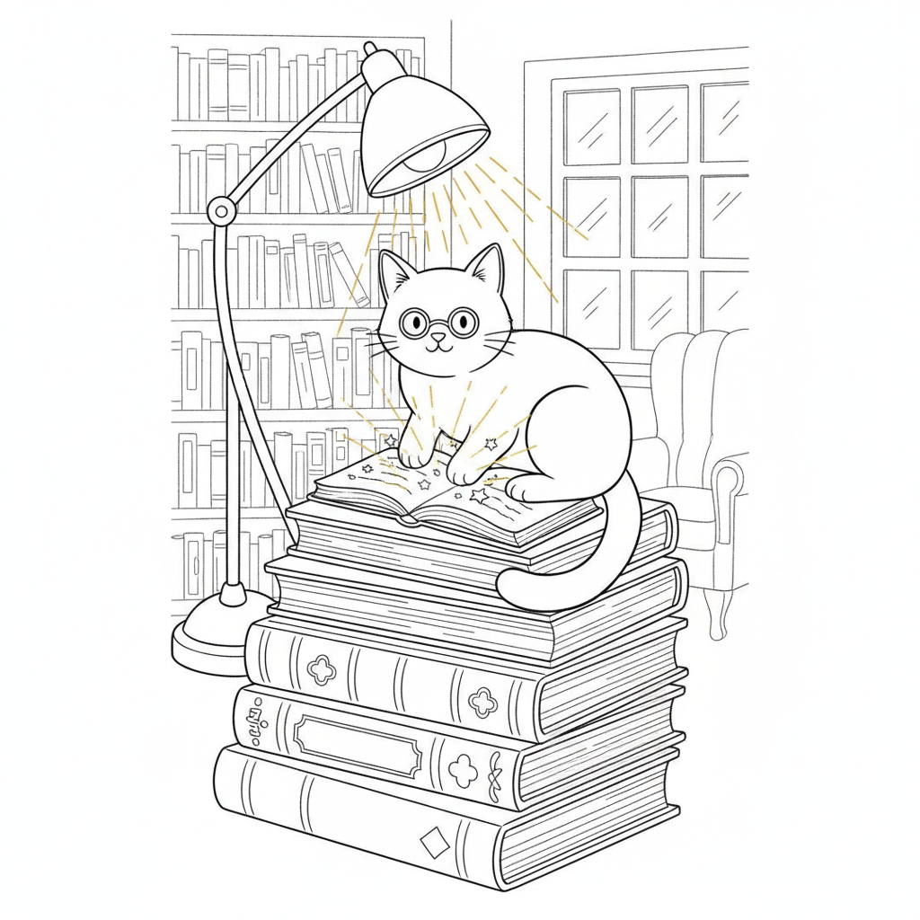 Cozy Library with a Cat — Free Coloring Page for Kids coloring page