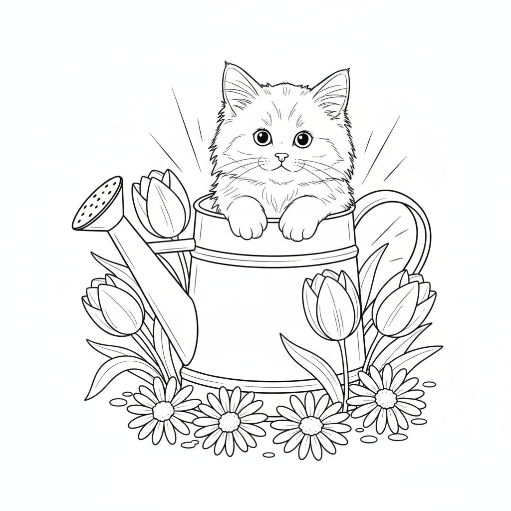 Adorable Kitten Peeking from Watering Can — Free Coloring Page for Kids