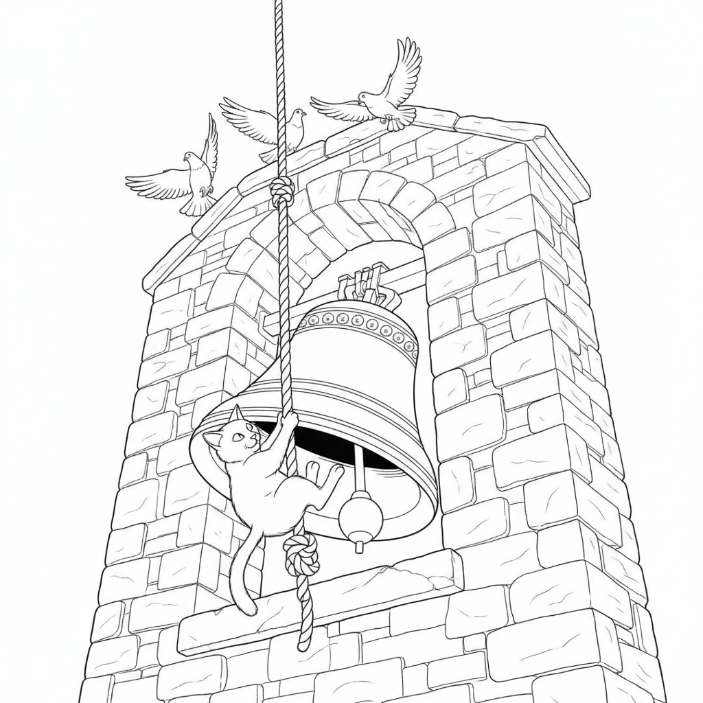 Playful Gray Kitten with Birds — Free Coloring Page for Kids