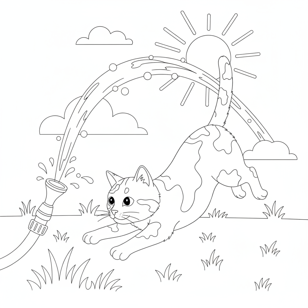 Playful Kitten Leaping Through Water — Free Coloring Page for Kids