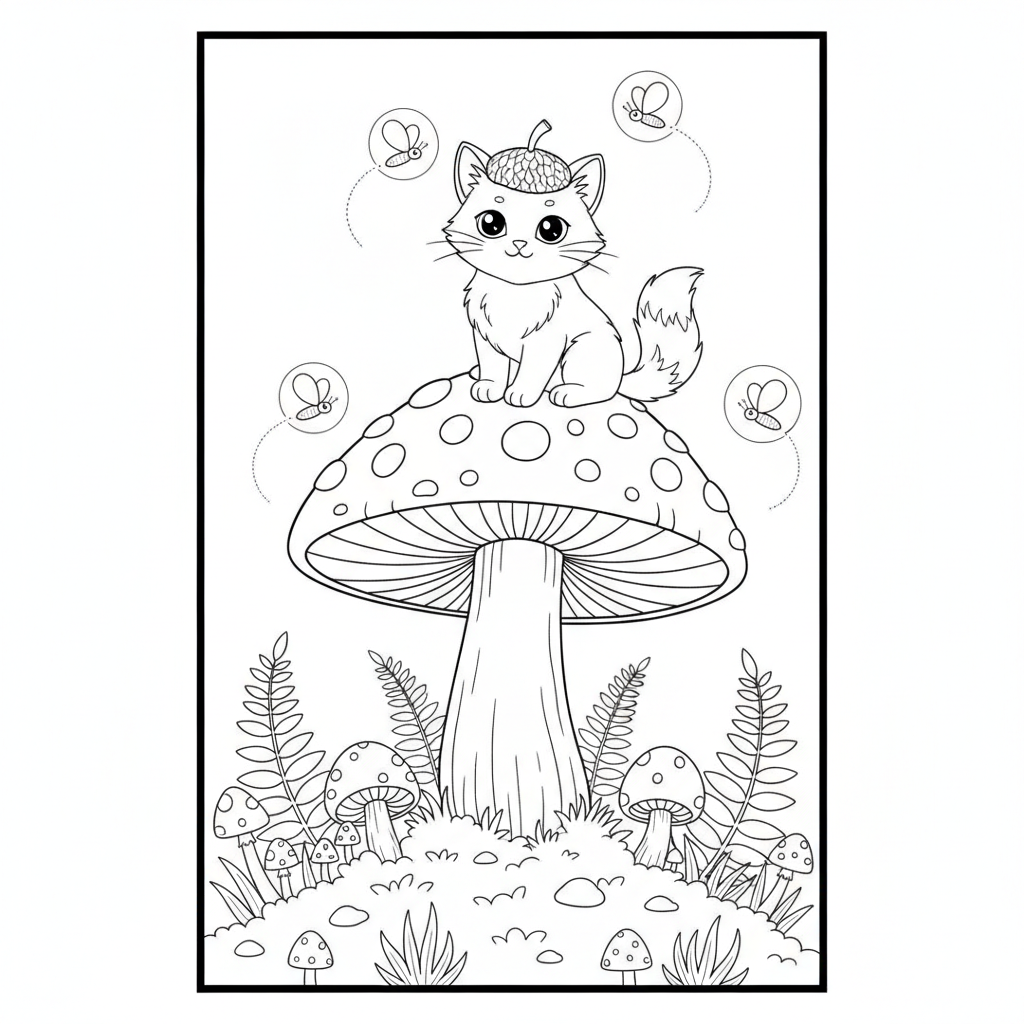 Whimsical Orange Cat on a Red Mushroom — Free Coloring Page for Kids