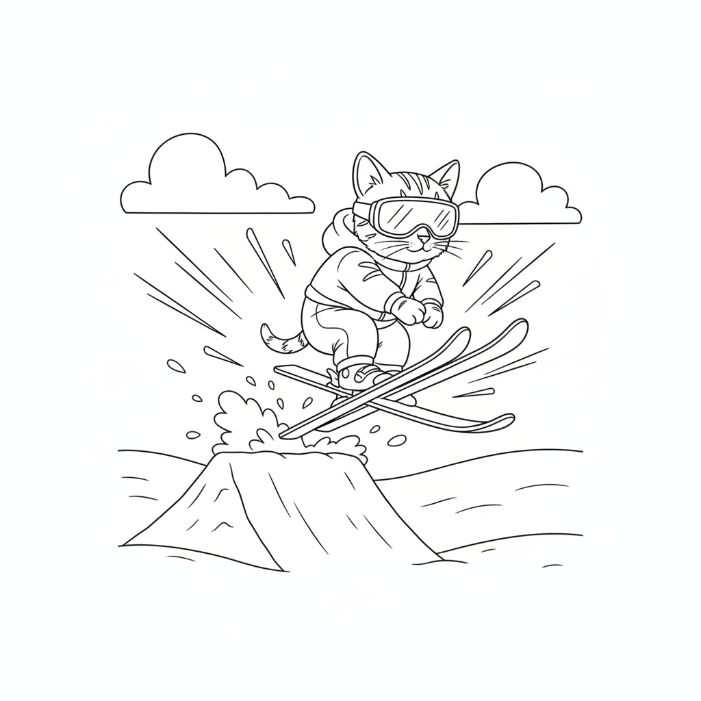 Cheerful Cartoon Cat Skiing in Winter Wonderland — Free Coloring Page for Kids coloring page