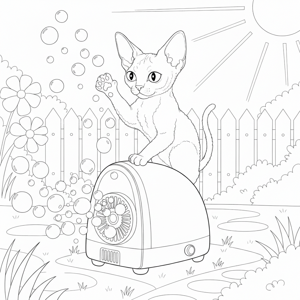 Cute Devon Rex with Bubbles in a Garden — Free Coloring Page for Kids
