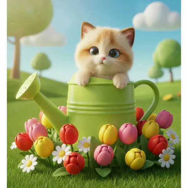 Adorable Kitten Peeking from Watering Can — Free Coloring Page for Kids