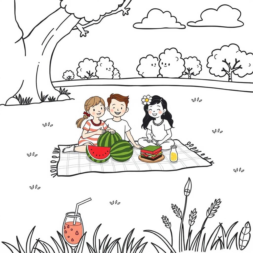 Watermelon Picnic Coloring Page coloring page