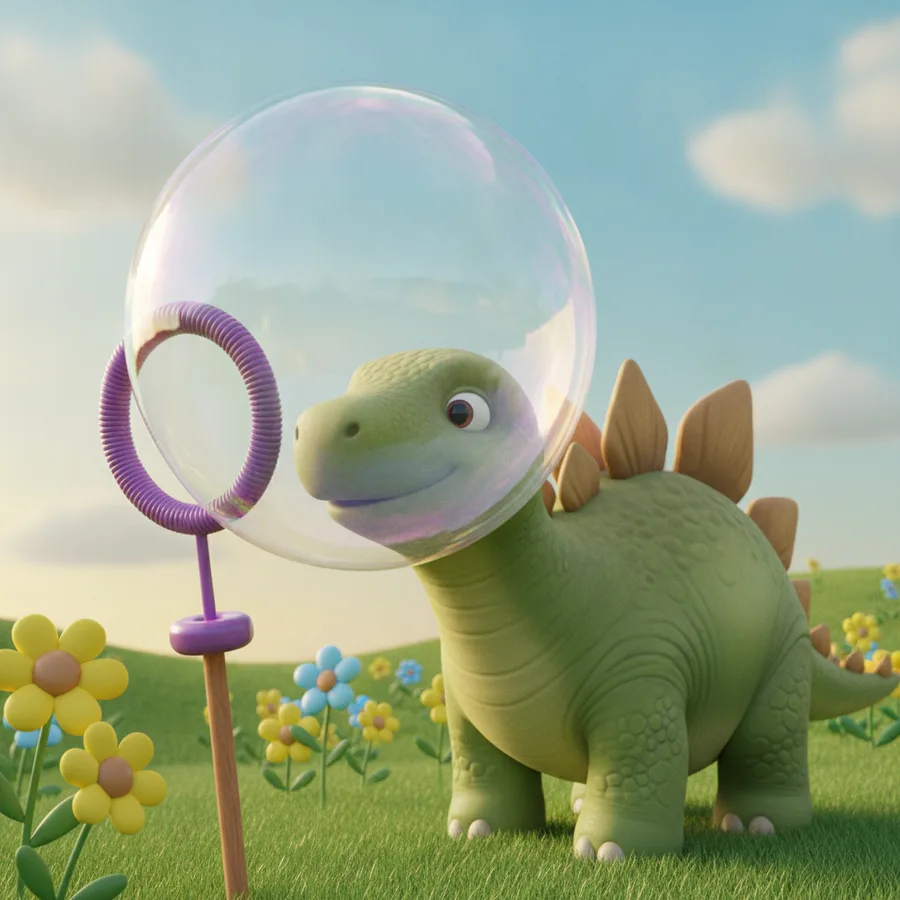 This delightful dinosaur scene features large, open areas like the sky and grassy field that are easy to color. The bubble and flowers provide fun details for more advanced coloring.