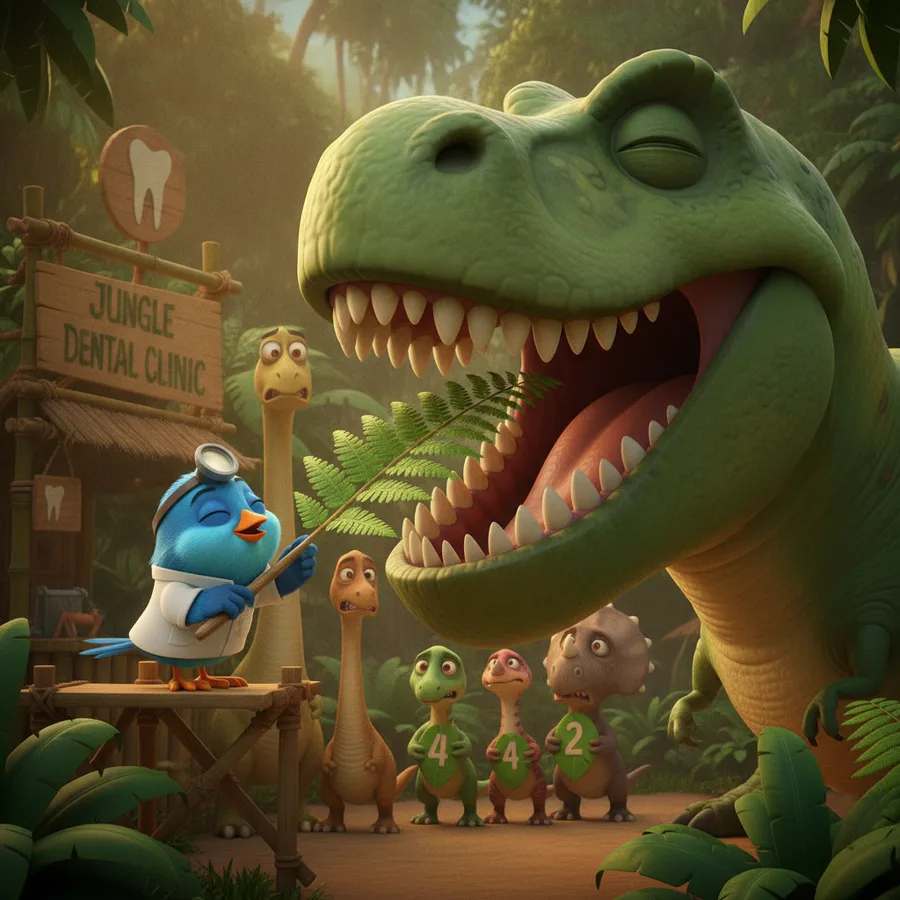 Esta cena divertida apresenta um pássaro dentista e um T-Rex sorridente. A boca do grande dinossauro é fácil de colorir, enquanto os pequenos dinossauros acrescentam detalhes divertidos.