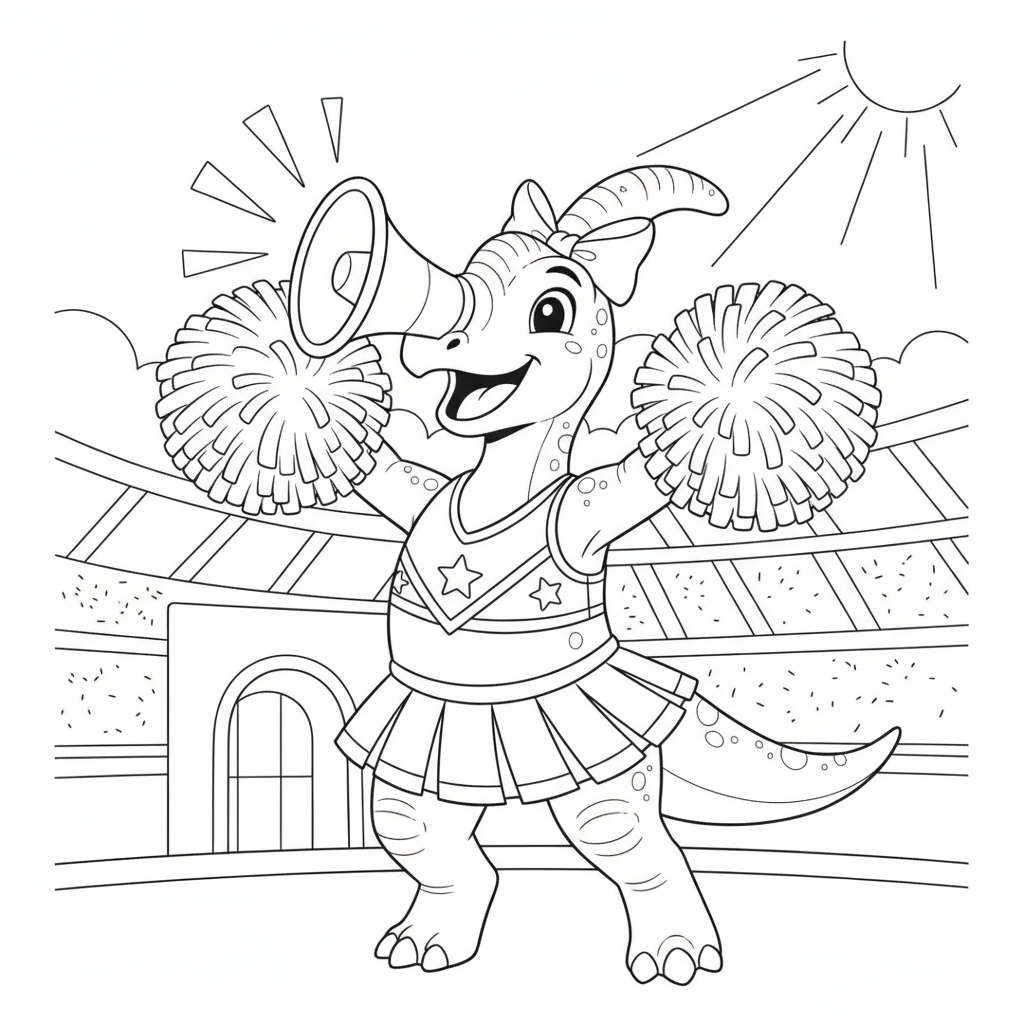 Cheerful Dinosaur on a Bright Green Field — Free Coloring Page for Kids coloring page