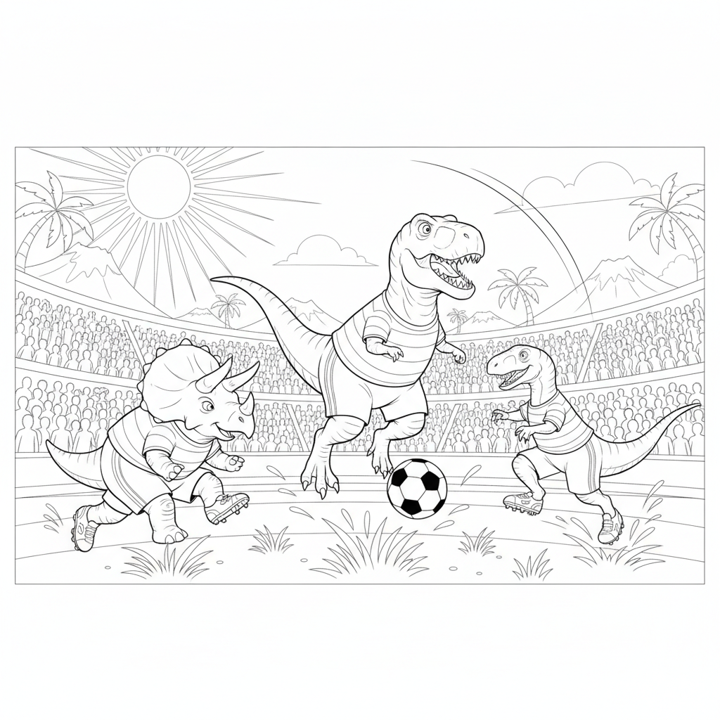 Dino Soccer Fun — Free Printable Coloring Page for Kids coloring page