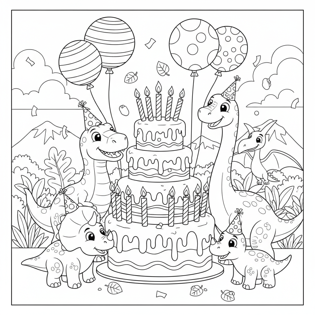 Dino Birthday Bash — Free Printable Coloring Page for Kids coloring page