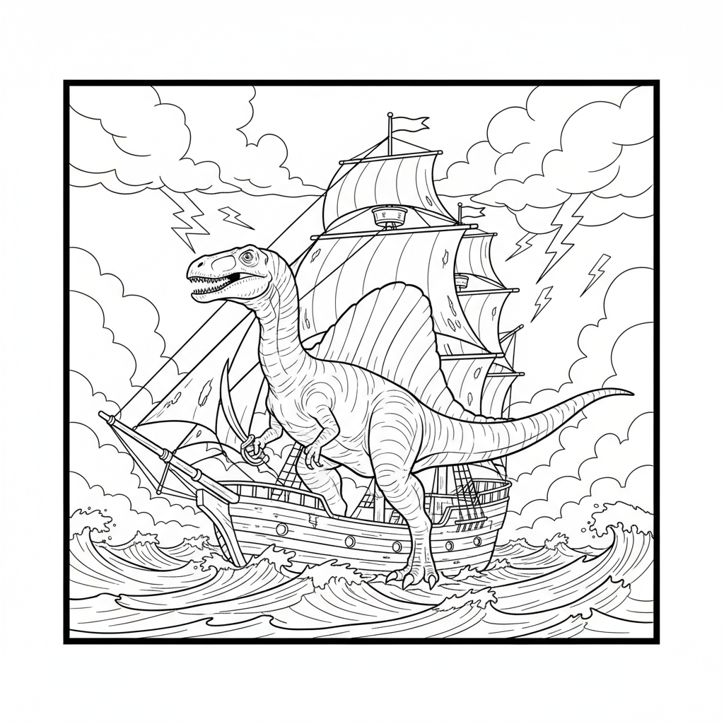 Spinosaurus on a Pirate Ship — Free Coloring Page for Kids coloring page