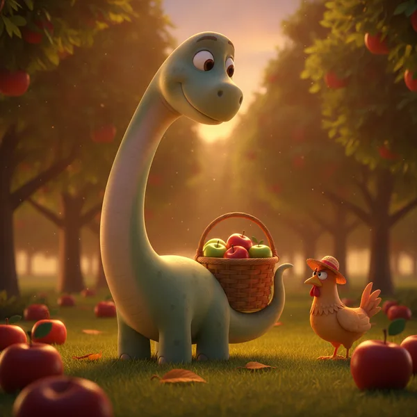 Ein fröhlicher Dinosaurier mit Äpfeln im Obstgarten — Dinosaurier Ausmalbild — Kostenlos Ausdrucken