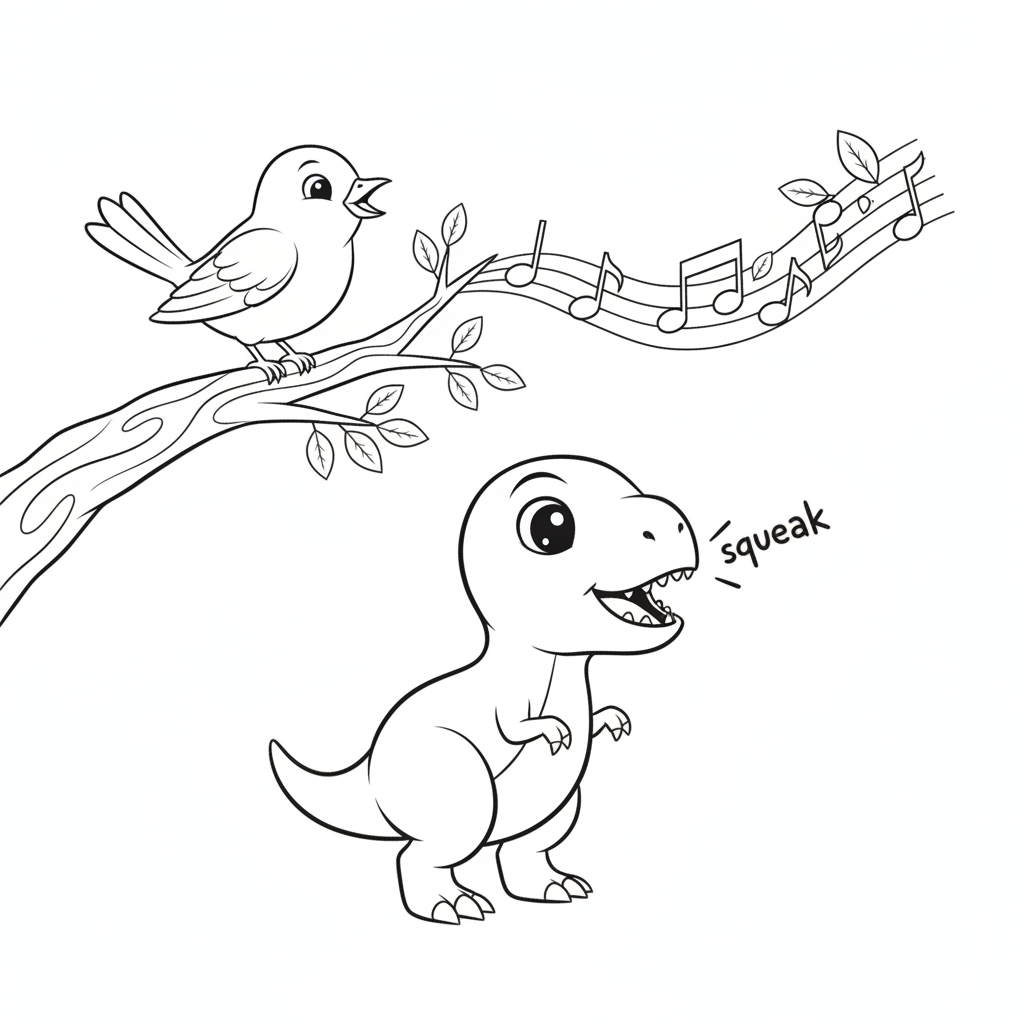 Cheerful Dinosaur Singing on a Log — Free Coloring Page for Kids