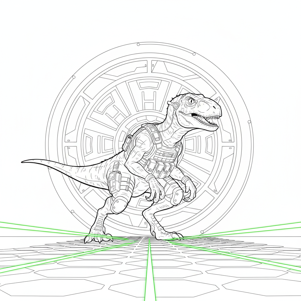 Raptor's High-Tech Adventure — Free Printable Coloring Page for Kids coloring page
