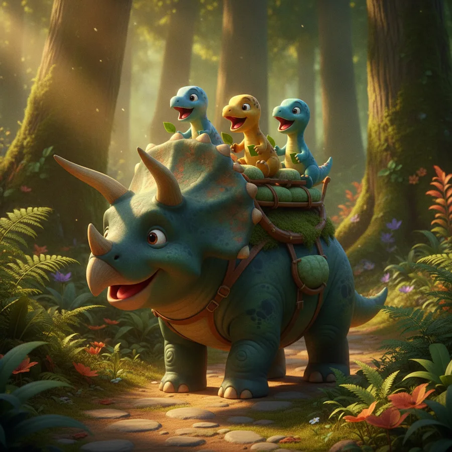 Dieses Ausmalbild zeigt einen freundlichen Triceratops mit bunten Küken. Die großen Bereiche in Blau und Grün sind einfach, während die Blumen eine spaßige Herausforderung bieten.