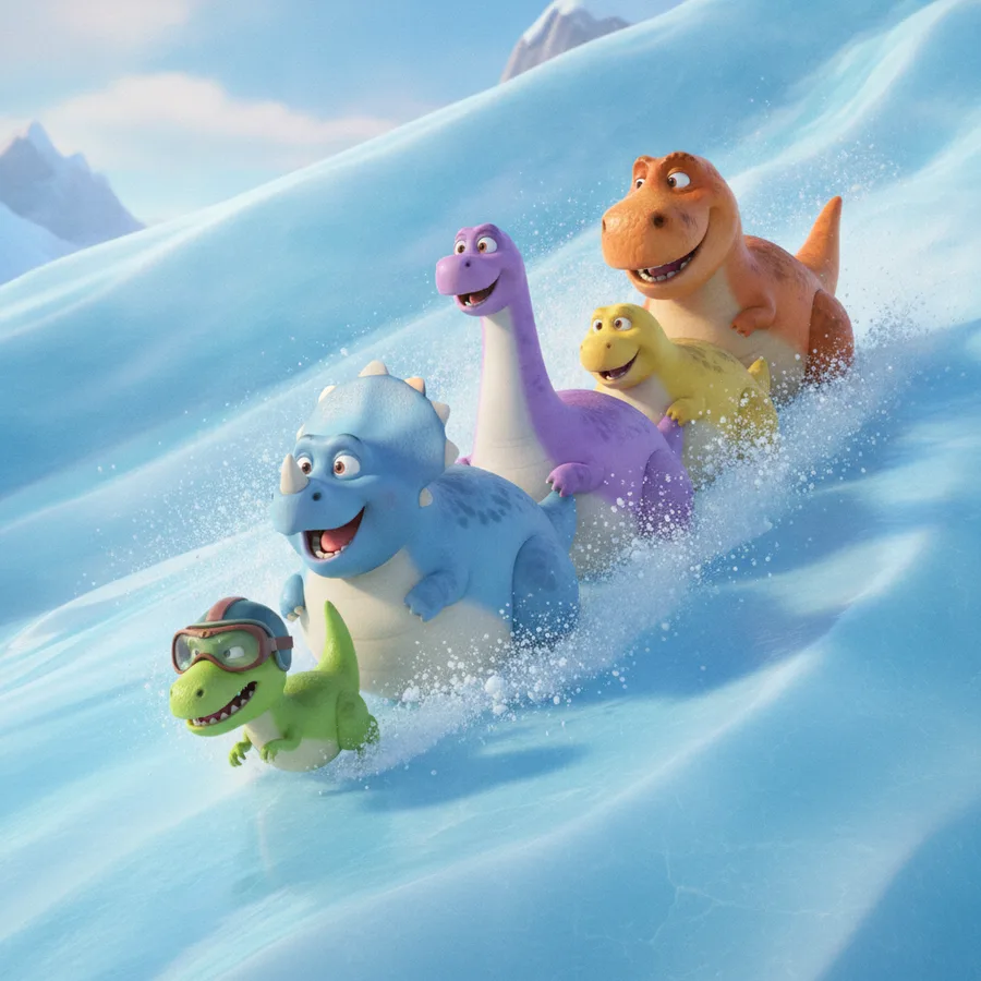 This coloring page features five happy dinosaurs sliding down a snowy slope, making it easy to color their large bodies and the snow splashes. The background mountains add a bit of challenge with their intricate details.