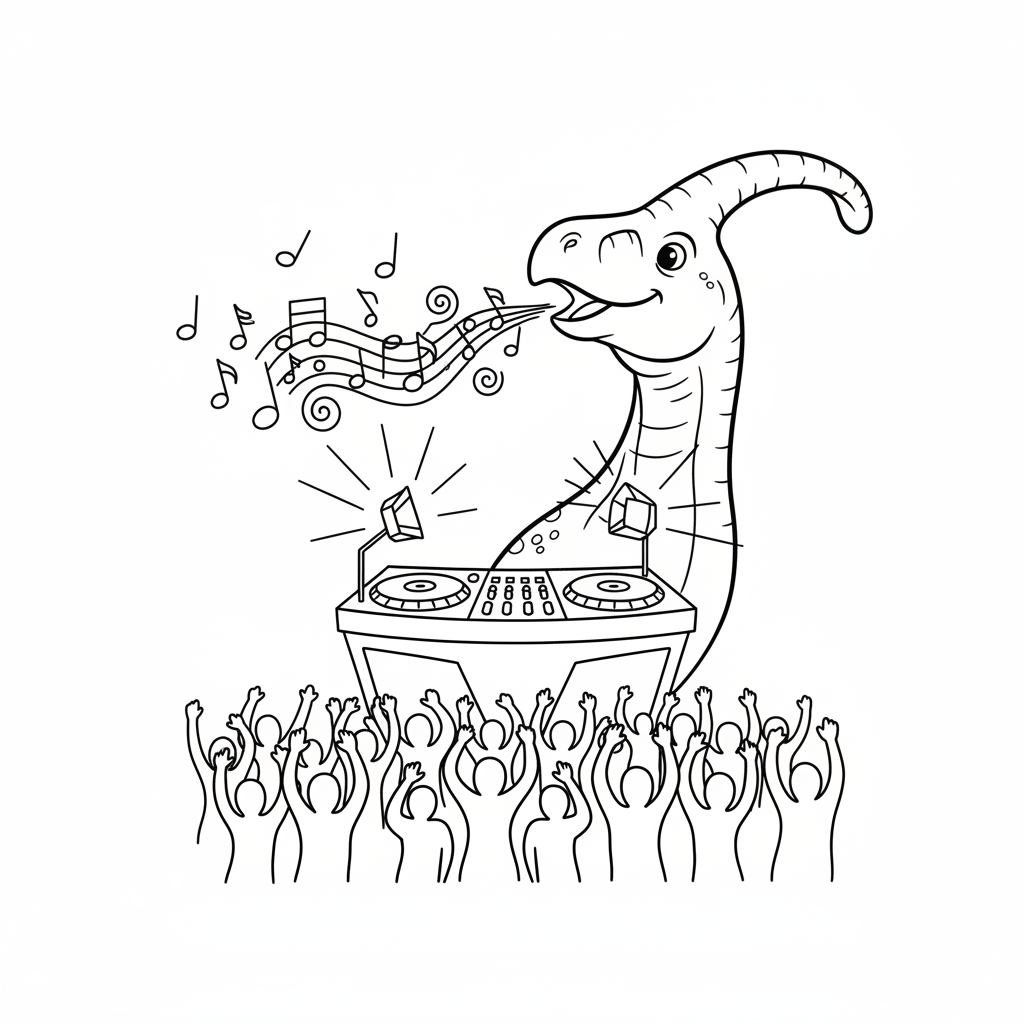 DJ Dino's Dance Party — Free Coloring Page for Kids coloring page