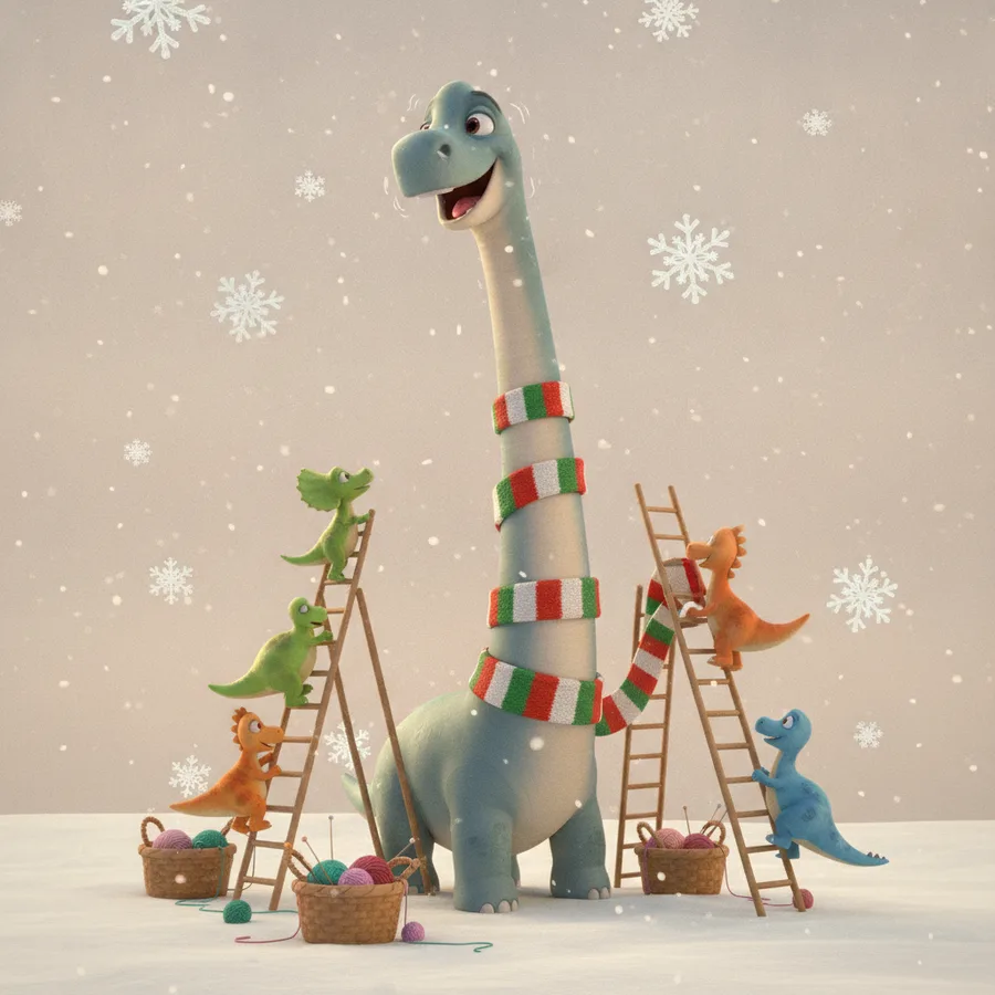 Color a friendly dinosaur wrapped in a festive scarf with tiny climbers all around! The large areas of the dinosaur are easy, while the details of the smaller dinosaurs and snowflakes offer a fun challenge.