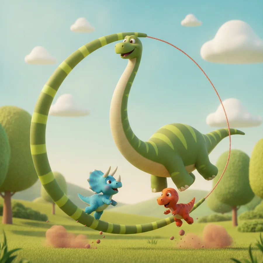 Dieses Ausmalbild zeigt drei Cartoon-Dinosaurier, die viel Spaß haben! Der große grüne Dinosaurier springt durch einen Reifen, während der blaue Triceratops und der kleine rote Dinosaurier darunter laufen. Einfache Bereiche sind die grüne Wiese, während die Details der Dinosaurier eine spaßige Herausforderung bieten.