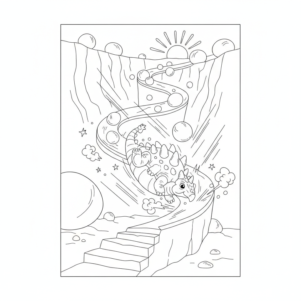 Dinosaur Rolling Down a Path — Free Coloring Page for Kids