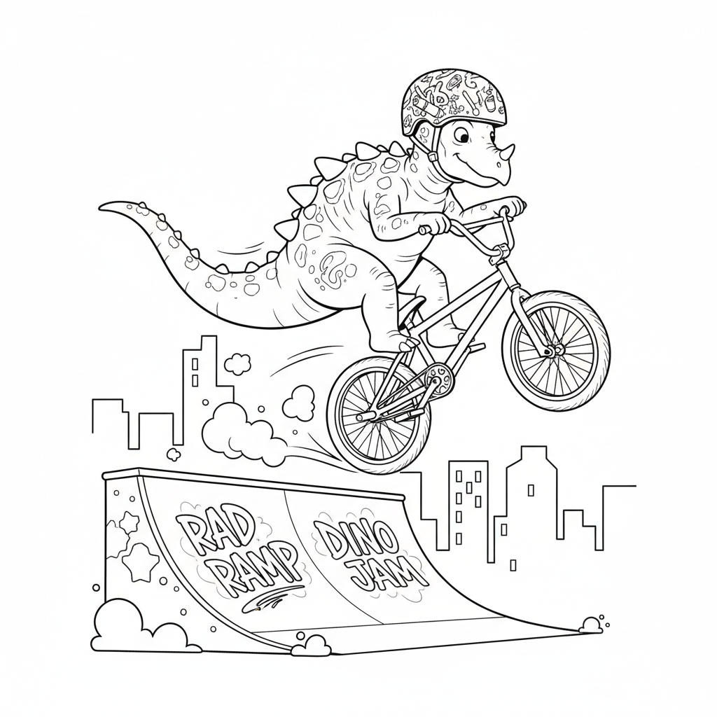 BMX Jumping Dinosaur — Free Coloring Page for Kids coloring page