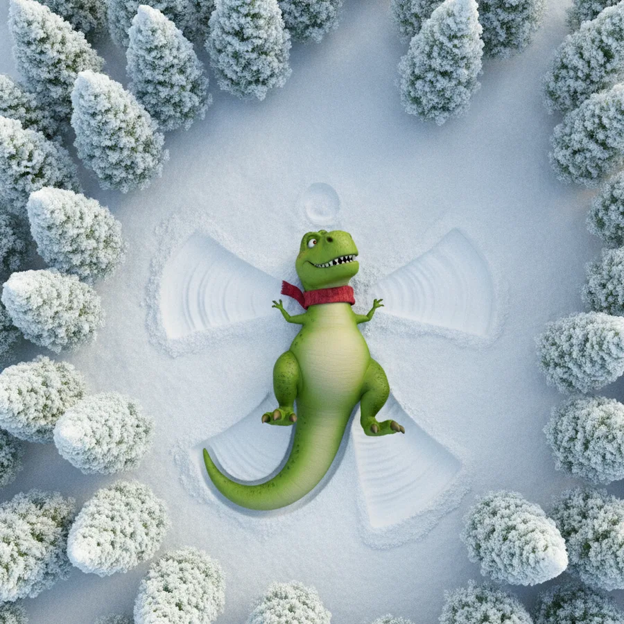 This playful T-Rex is making a snow angel surrounded by trees. The snow is easy to color, while the dinosaur's scarf and details provide a fun challenge.