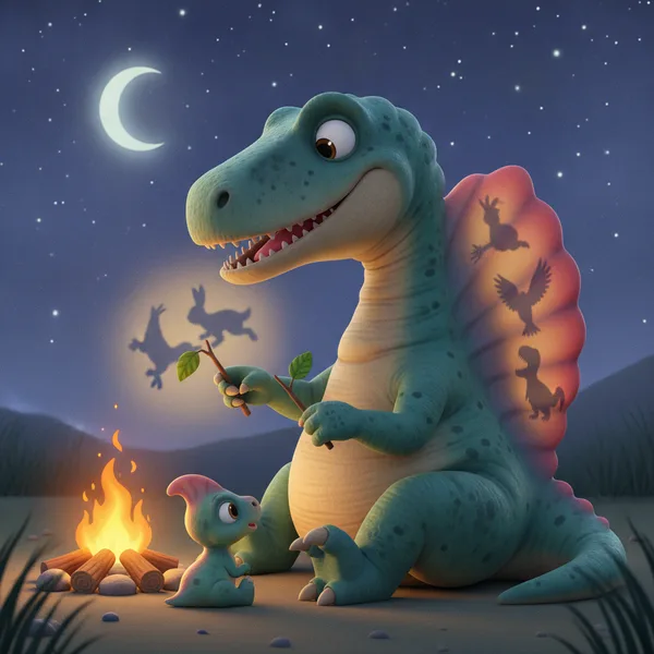 Spinosaurus by the Campfire — Free Coloring Page for Kids